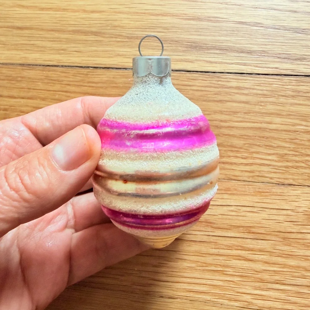 George Franke Pair Christmas Ornaments Beehive Pink Striped Mica USA MCM 1950's